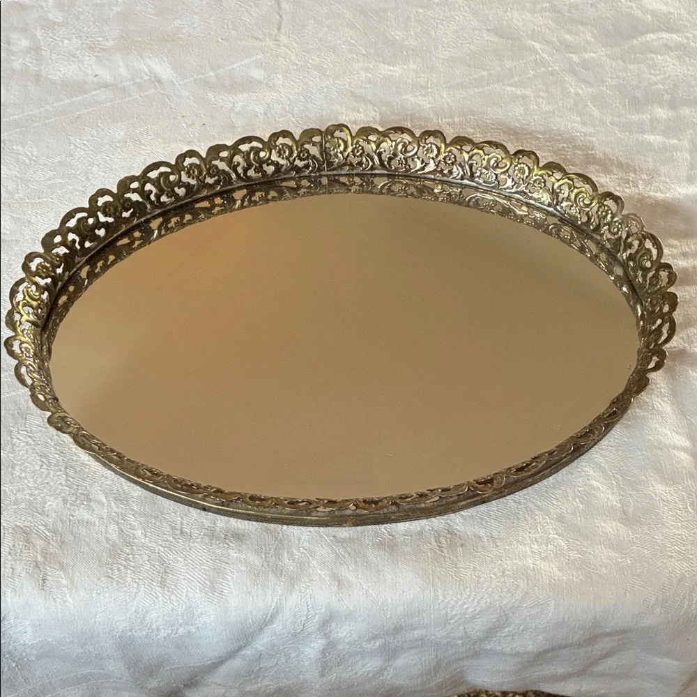 Mirrored vanity tray ornate reticulated brass filigree frame Around Oval Mirror